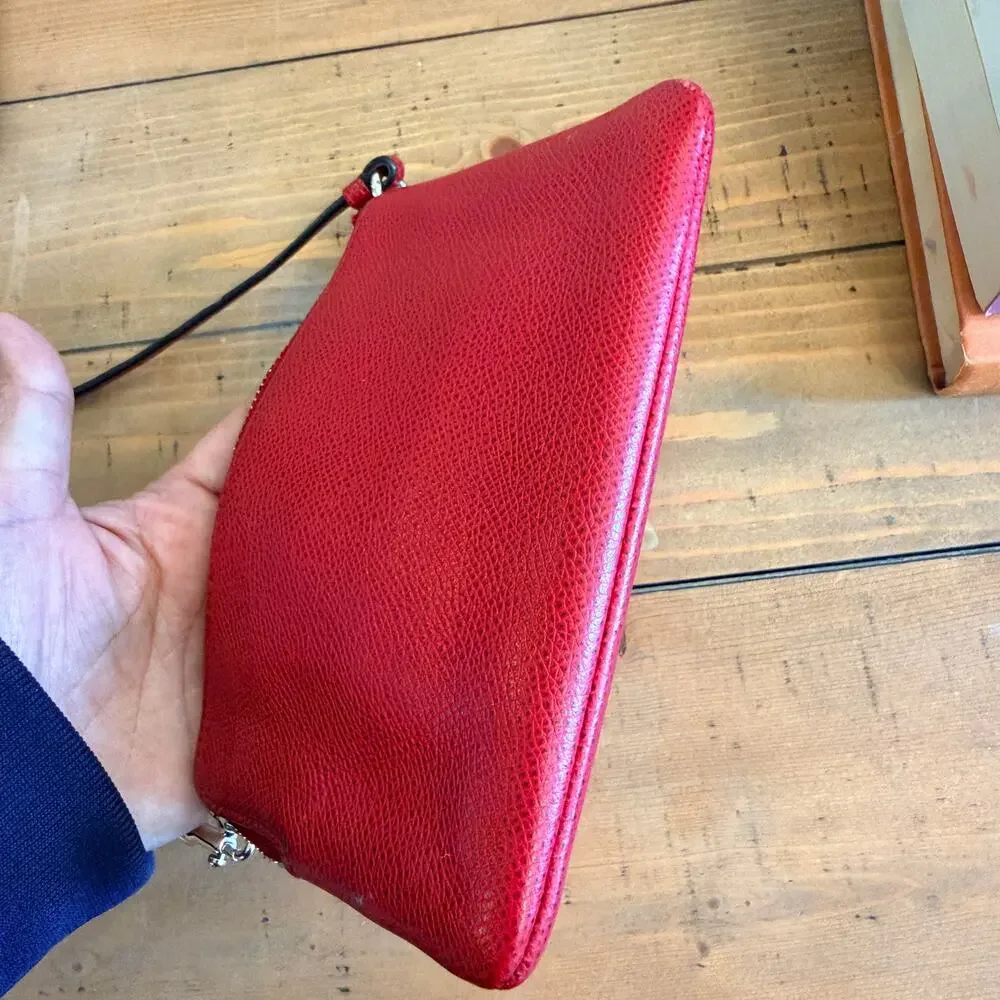 Coach Corner Zip Wristlet Red Pebbled Leather Gold Hardware Small Wallet